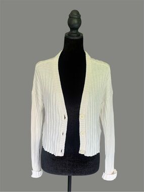American Eagle Cream Ribbed Cropped Cardigan Sweater - Red Striped Neck